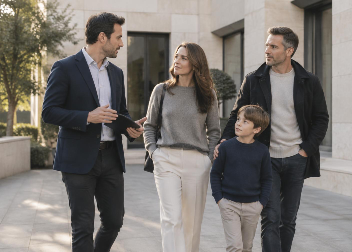 Família a caminhar com um gestor junto a um edifício contemporâneo