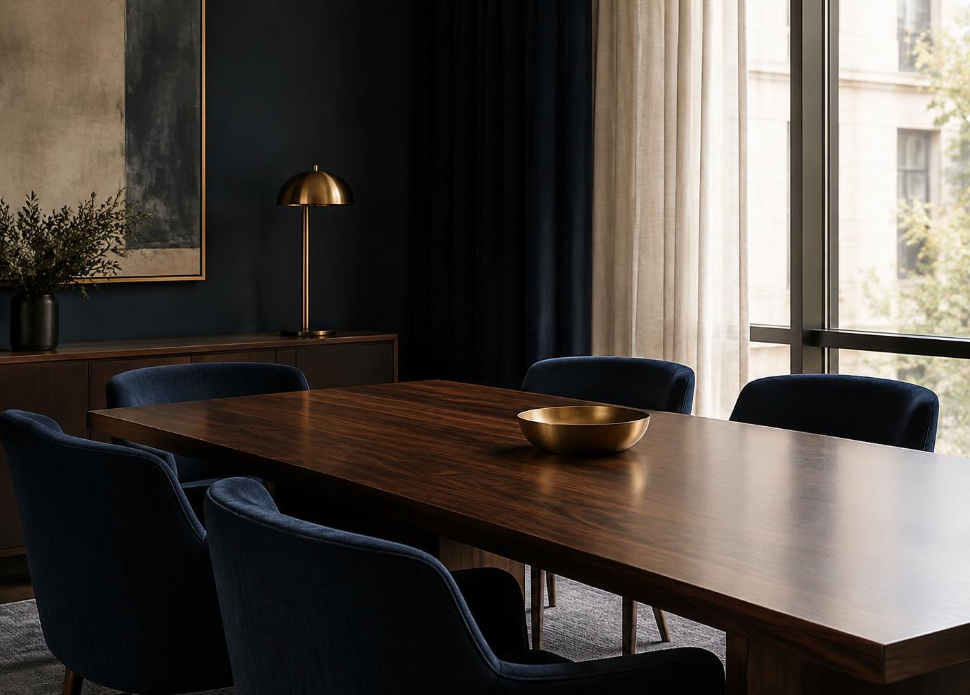 Sala de reuniões privada com mesa em madeira escura e luz natural suave